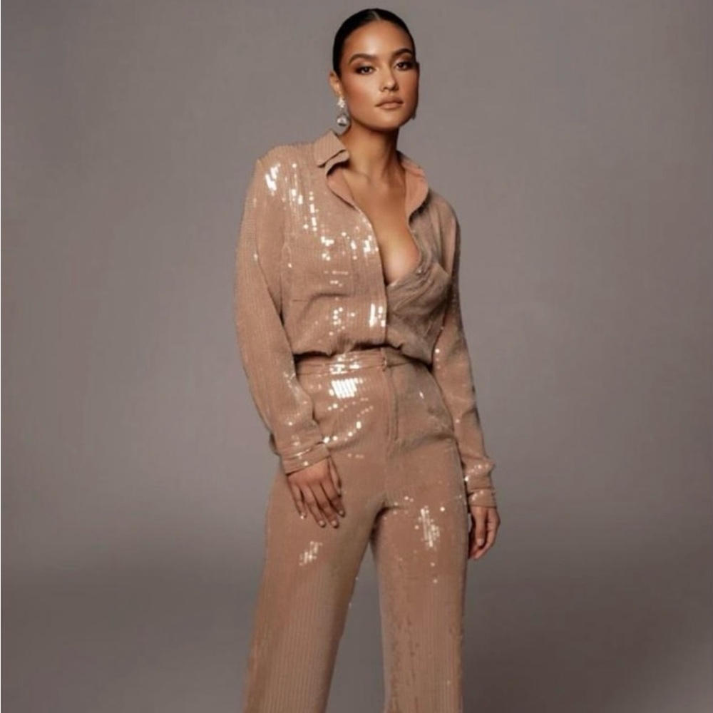 SOLD❌TAN BAGUETTE SEQUIN BUTTON UP with 
TAN ELOWEN SEQUIN TROUSERS